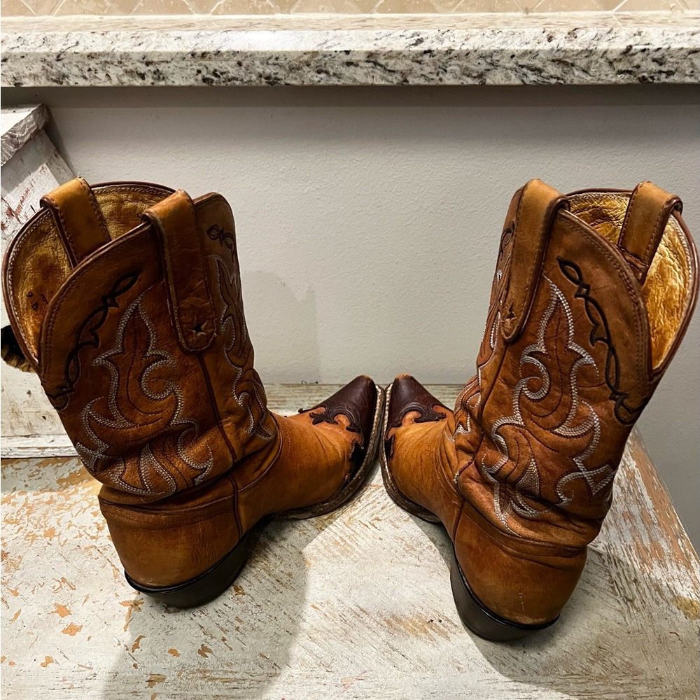 Tony Lama Two-Tone Tan and Dark Brown Western Heeled Cowboy Boots - Picture 7 of 14